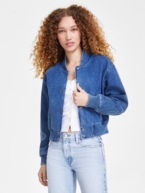 Levi's Women's Ribbed-Edge Cropped Denim Bomber Jacket Size L